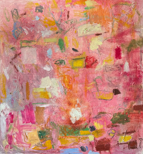 Pink Mountain with Houses de Laura Taylor, Pintura a la venta en Singulart