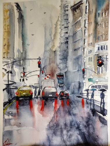 Rainy Day Avenue de Akiva Daube, Pintura a la venta en Singulart