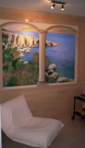 Hand-painted sea view in private apartment lounge in Malta par Damian Ebejer, Peinture en vente sur Singulart