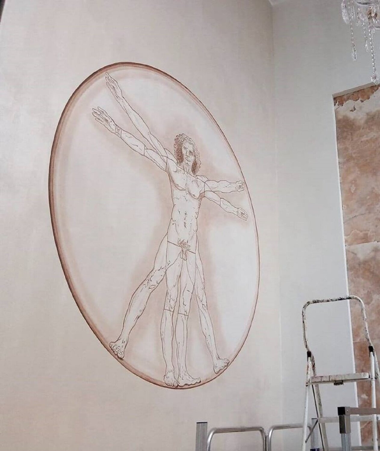 Hand-painted rendition of the Vitruvian Man, private residence, Malta Damian Ebejer Originalgemälde zu verkaufen