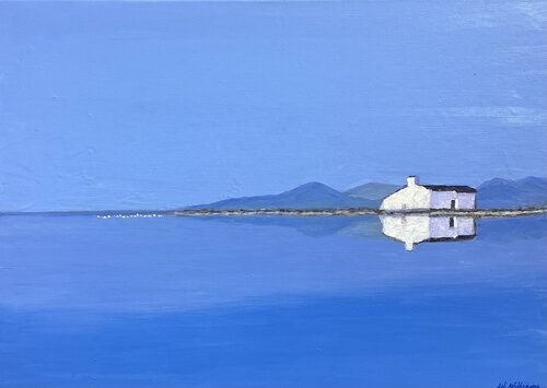 The Salinas of Ibiza with flamingos van Wendy Williams, Schilderij te koop op Singulart