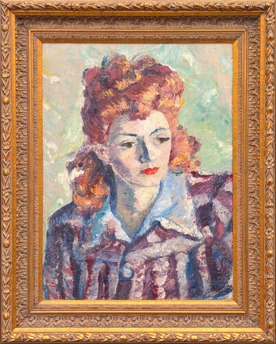 "Femme Rousse Sur Fond Vert" Early Impressionist Portrait of a Red Haired Woman by Albert Bertalan, 회화 for Sale on Singulart