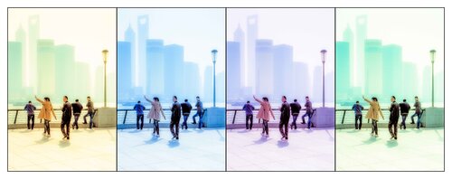 Shanghai Skyline Variations 1 – Urban Skaters in Color Gradient Cityscape von Werner Kästle, Druck kaufen auf Singulart