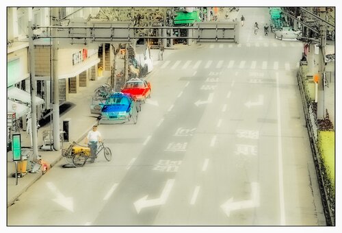 Shanghai Street Scene - Minimalist Urban Cityscape by Werner Kästle, Print for Sale on Singulart