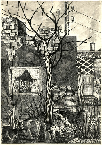 An abandoned house in the city center par andre credo, Dessin en vente sur Singulart