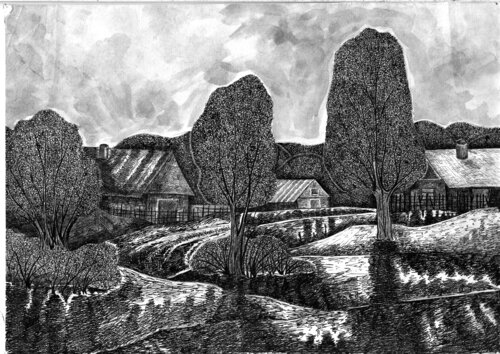 Lonely houses Autumn par andre credo, Dessin en vente sur Singulart