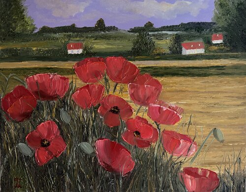 Paysage rural avec des coquelicots di Teya, Pittura in vendita su Singulart