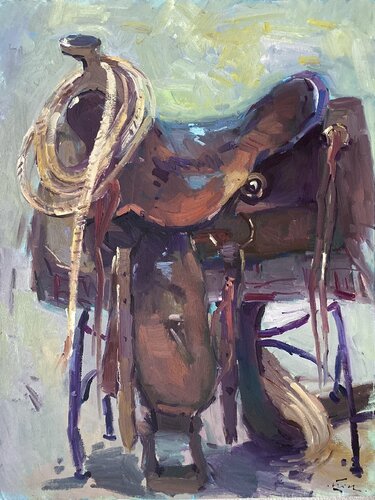 Cowboy saddle, oil on canvas di Guido Frick, Pittura in vendita su Singulart
