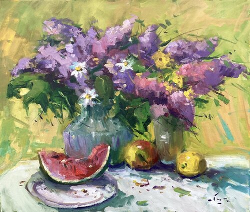 Lilacs and fruits, oil on canvas von Guido Frick, Malerei kaufen auf Singulart