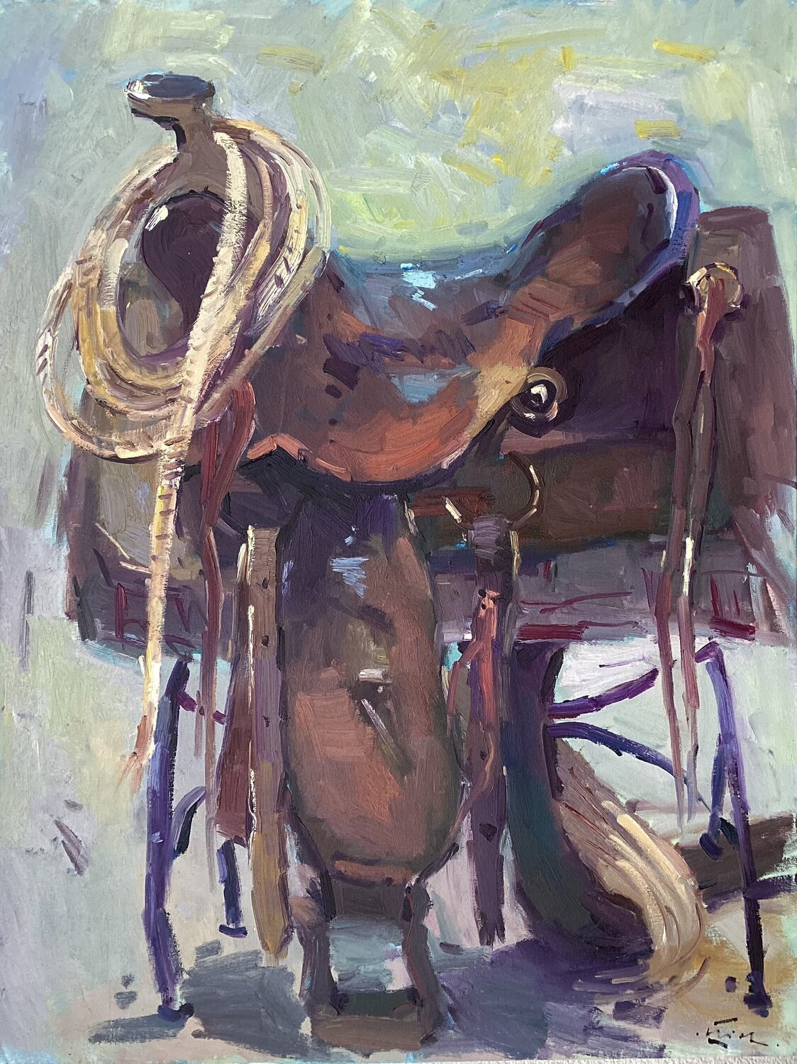 Cowboy saddle, oil on canvas Guido Frick Originalgemälde zu verkaufen