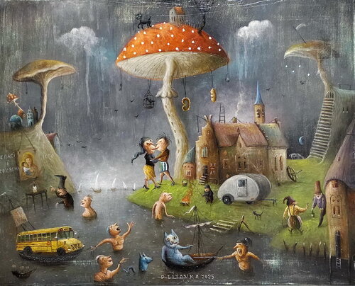 Kissing in the Mushroom Rain di Dmitro Litovka, Pittura in vendita su Singulart