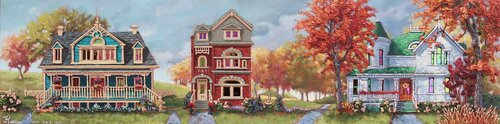 Les 3 maisons van Josée Tellier, Schilderij te koop op Singulart