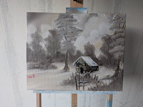 Original Ölgemälde Winter Hütte| Handgemachtes Öl-Gemälde | Unikat und Signiert par Sevinc Korkmaz, Peinture en vente sur Singulart