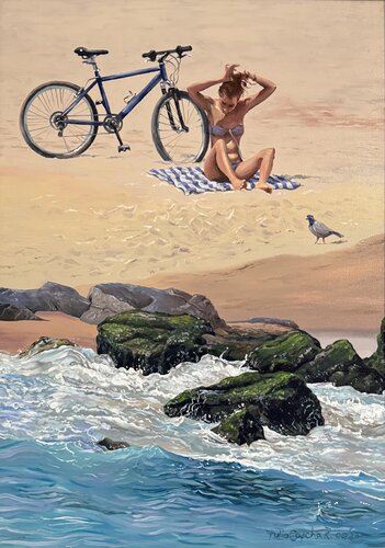 Mujer y bicicleta en la playa by Tulio Capcha, Painting for Sale on Singulart