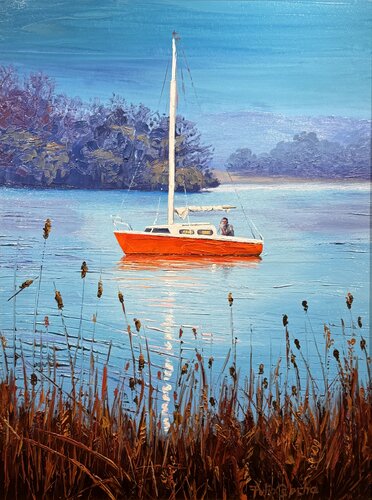 Bote rojo en el río Havel di Tulio Capcha, Pittura in vendita su Singulart