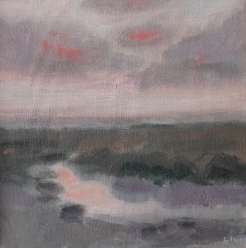Lumière rouge du soir sur le havre di FRANÇOISE LUCQ, Pittura in vendita su Singulart