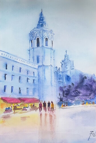 Domingo hacia la catedral par Oki Hoyos, Œuvre sur papier en vente sur Singulart