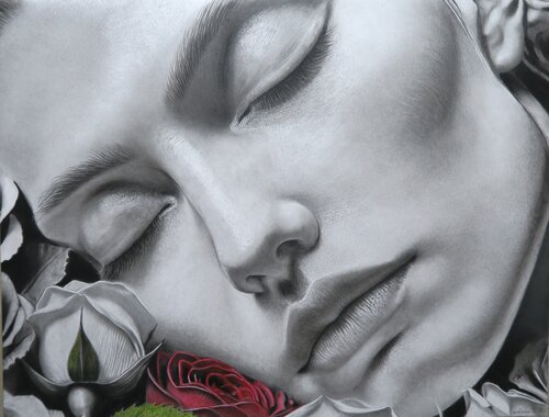 Serenidad en pétalos: el sueño de una diosa von luciano Bujeiro Rojo, Zeichnungen kaufen auf Singulart