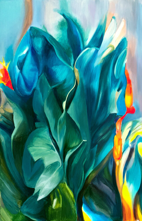 Botanical Painting. Green and Turquoise Tropical Leaves. Baroque Anarchist