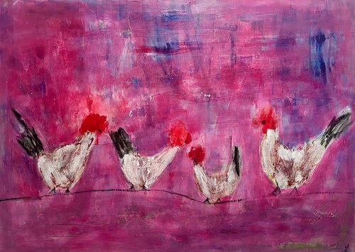 Hühnerfamilie von Jutta Bittner, Malerei kaufen auf Singulart