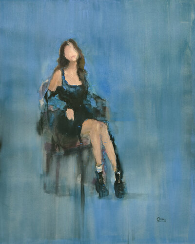 young girl sitting di Oscar Alvarez Pardo, Opera su carta in vendita su Singulart