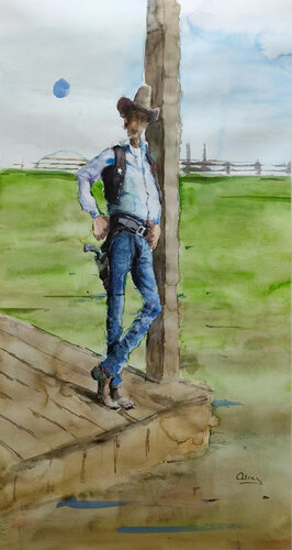 A quiet sheriff -cartoon cowboy 6- di Oscar Alvarez Pardo, Opera su carta in vendita su Singulart