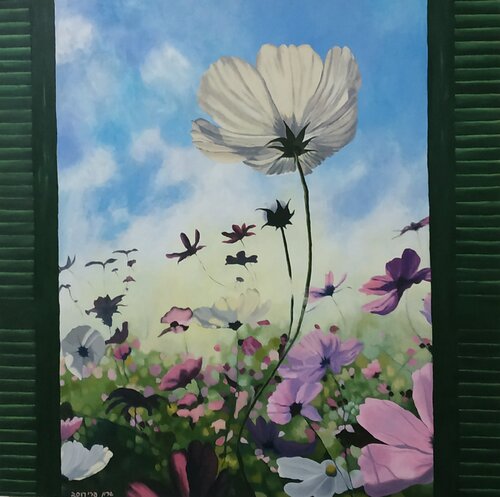 Flowers from my Childhood Window von Sharon Perry Turbiner - Sharon's Art, Malerei kaufen auf Singulart