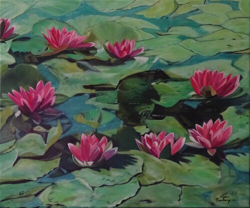Les nénuphars de Bantam (framed American-style) di Lydia Habers-Canclaux, Pittura in vendita su Singulart