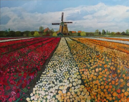 Tulip field in the polder (framed American-style) di Lydia Habers-Canclaux, Pittura in vendita su Singulart