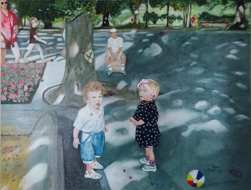 "Qui va chercher le ballon" van Lydia Habers-Canclaux, Schilderij te koop op Singulart