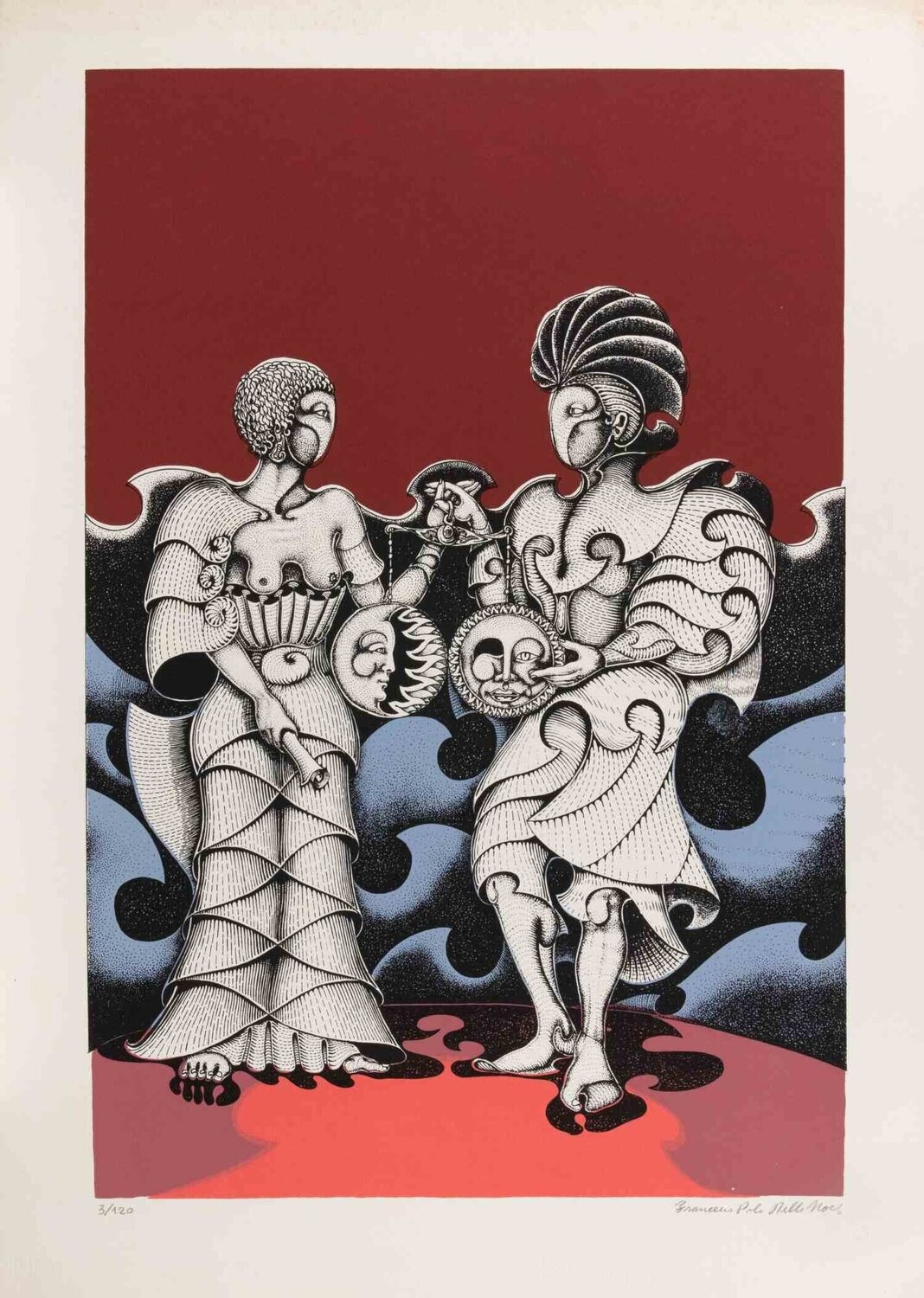 Surreal Encounter with Masked Figures  Francesco Paolo Delle Noci Druck zu verkaufen