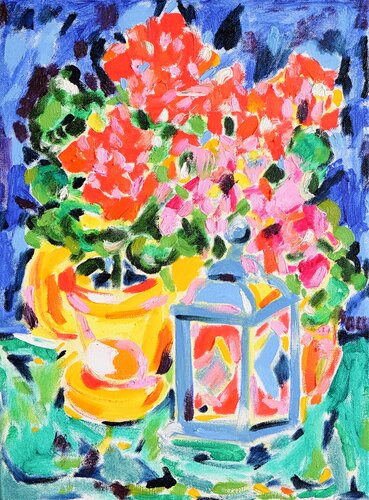 Red Geraniums And Blue Lantern In The Garden by Tamara Jare, Painting for Sale on Singulart