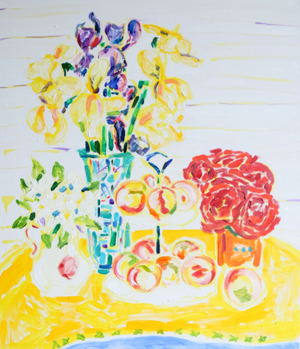 Still Life with Irises, Roses and Peaches by Tamara Jare, Painting for Sale on Singulart