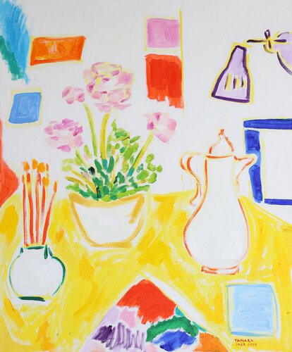 Studio Still Life with Pink Flowers and Brushes von Tamara Jare, Malerei kaufen auf Singulart