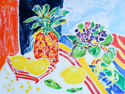 Still Life with Pineapple and Violet Flowers von Tamara Jare, Malerei kaufen auf Singulart