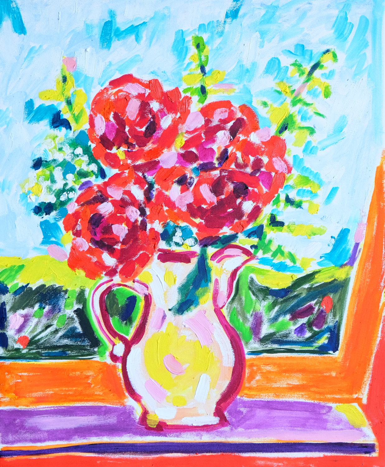 Still Life with Red Roses and Summer Landscape Tamara Jare Peinture originale à vendre