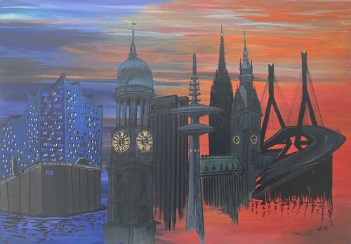 Skyline Hamburg Sehenswürdigkeiten van Adina Utes, Schilderij te koop op Singulart