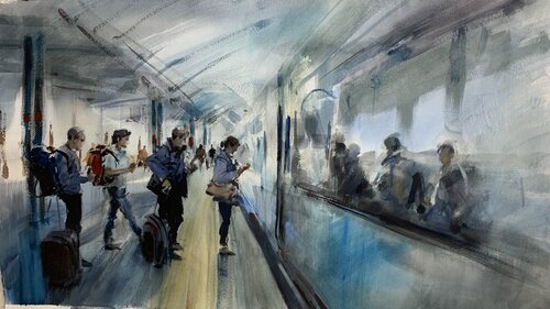 ESPERANDO PARA ENTRAR AL TREN von Javier Zorrilla, Malerei kaufen auf Singulart