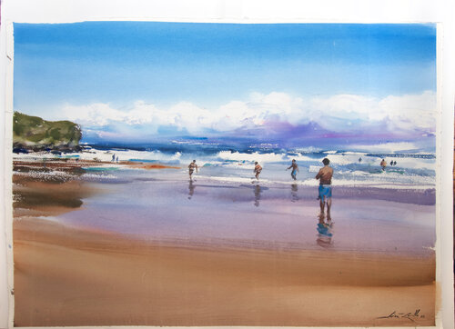 JUGANDO EN LA PLAYA. CELORIO (ASTURIAS) by Javier Zorrilla, Work on Paper for Sale on Singulart