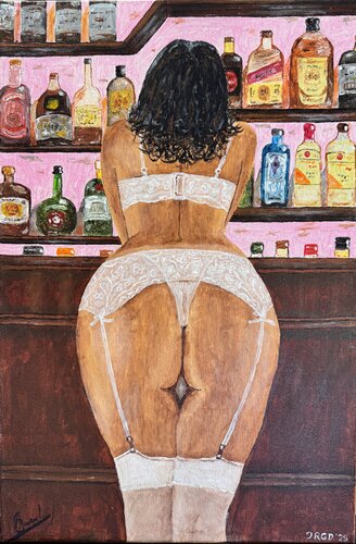 "Mujer en la barra entre etiquetas de bourbon" by Arturas Smalenskas, Painting for Sale on Singulart