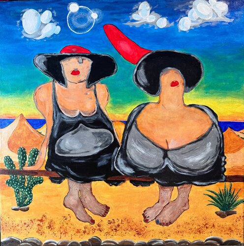 Dos amigas tomando el sol en la playa Venus by Arturas Smalenskas, Painting for Sale on Singulart