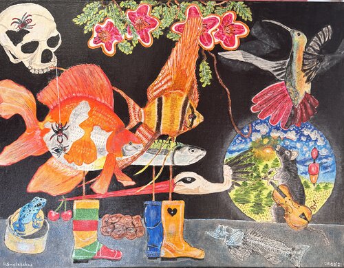 "Tres peces viajando a través de una tubería de alcantarillado" by Arturas Smalenskas, Painting for Sale on Singulart