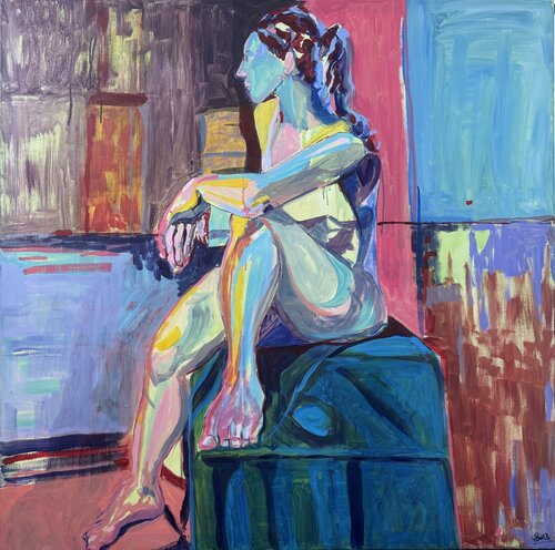 Seated model with a blue face von Hanna Bell, Malerei kaufen auf Singulart