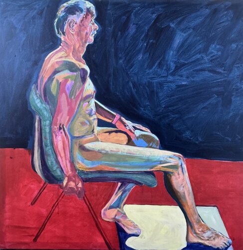 Seated nude chap in dark blue room by Hanna Bell, 회화 for Sale on Singulart