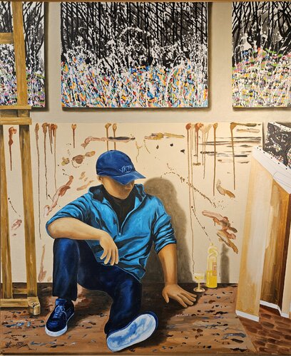 Auto-portrait à l'atelier, entouré de la série "Dark Forest" von Rafael de Tours - Bichon, Malerei kaufen auf Singulart