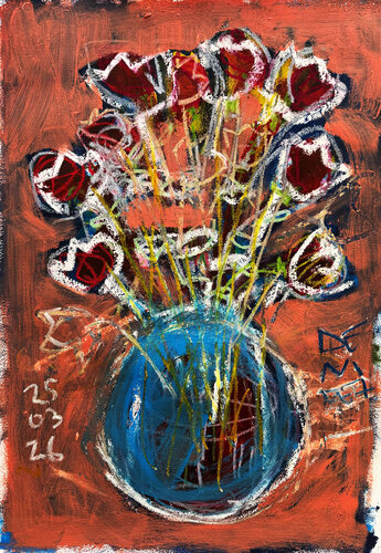 JARRON AZUL CON FLORES ROJAS di Jose Luis Benitez Segura, Pittura in vendita su Singulart