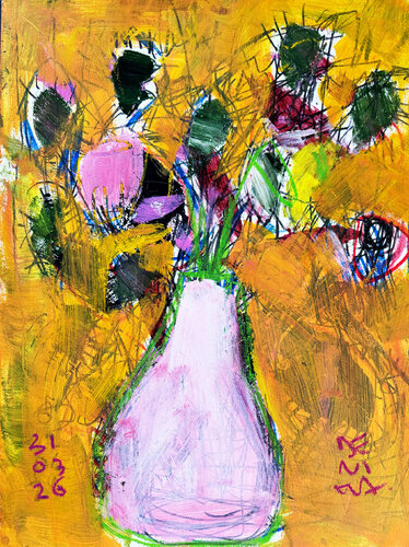 FLORES SOBRE AMARILLO di Jose Luis Benitez Segura, Pittura in vendita su Singulart
