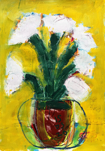 JARRON DE FLORES BLANCAS SOBRE FONDO AMARILLO von Jose Luis Benitez Segura, Werk auf Papier kaufen auf Singulart