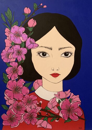 La ragazza con i fiori di pesco - Ritratto femminile contemporaneo con fiori par Samanta Dolcetto, Peinture en vente sur Singulart