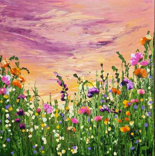 "Let us remember this moment" -square vibrant abstract floral artwork- von Irina Morisch, Malerei kaufen auf Singulart